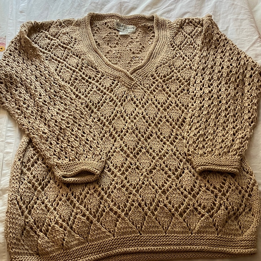 Lauren Ralph Lauren Open-Knit V-Neck Sweater in Tan